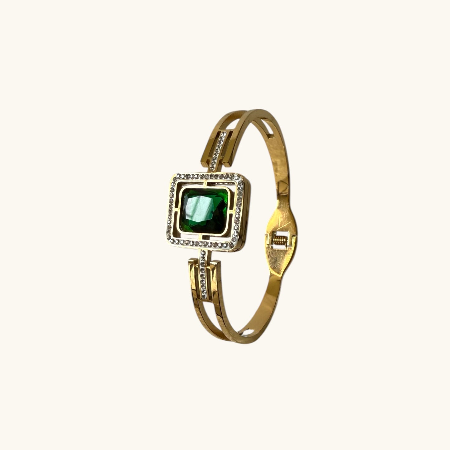 Luxury Gold-Plated Bracelet with Emerald Green Crystal and Sparkling Accent Stones - Elegant Women’s Statement Bangle