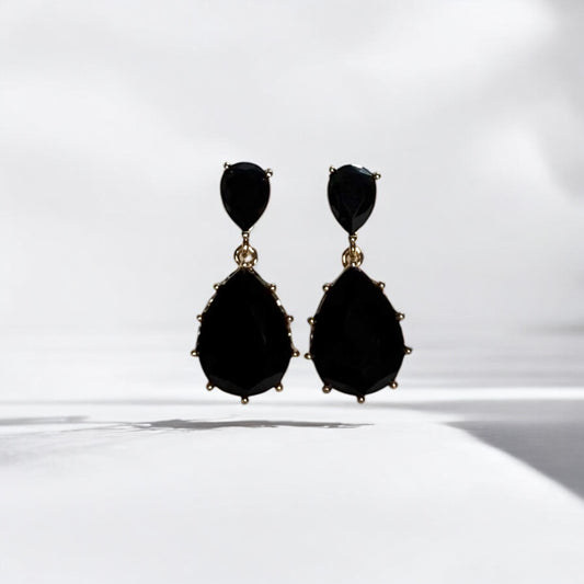 Elegant Black Teardrop Dangle Earrings with Gold Accents