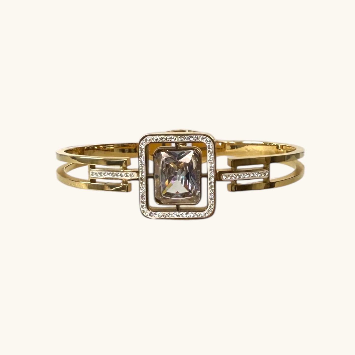 Luxury Gold-Plated Bracelet with White Square Crystal and Dual Band Sparkling Stone Accents