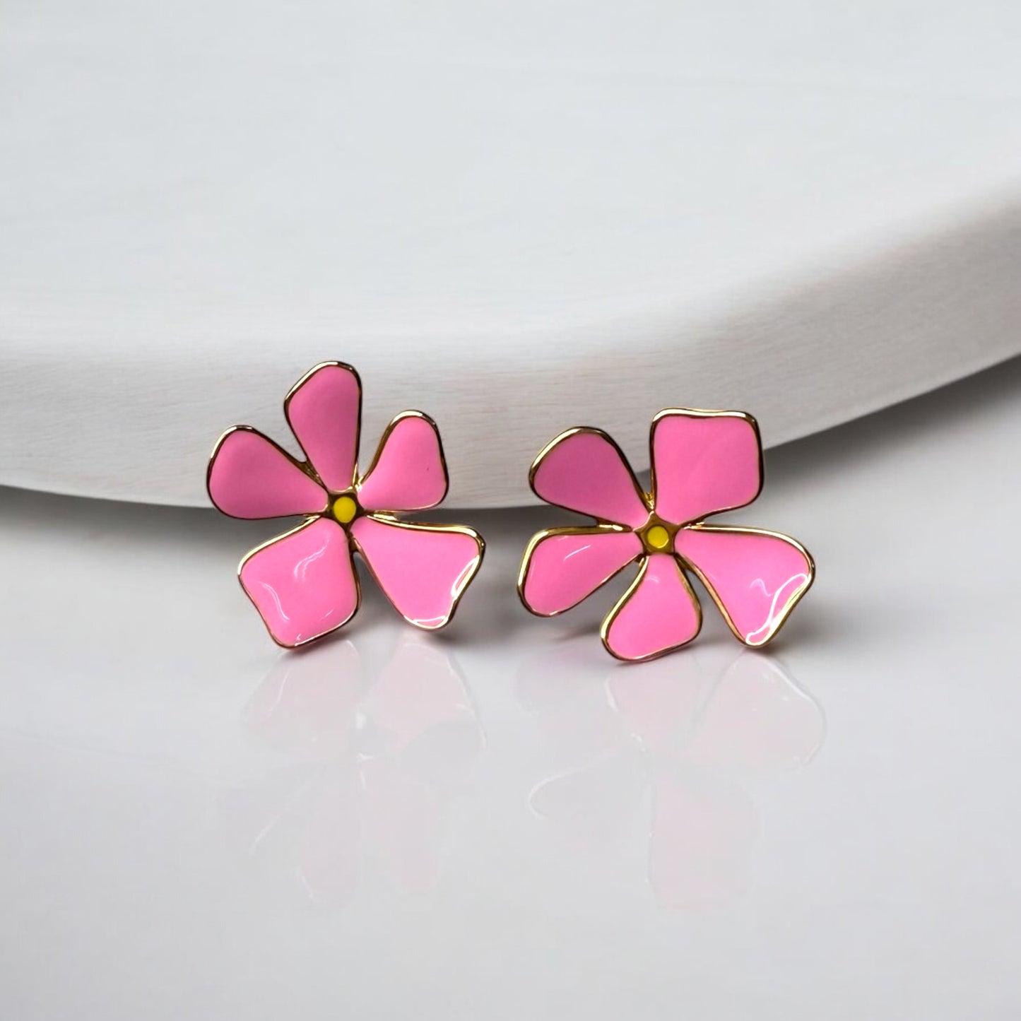 Charming Pink Flower Stud Earrings - Gold-Plated Stainless Steel - Lightweight Floral Jewelry