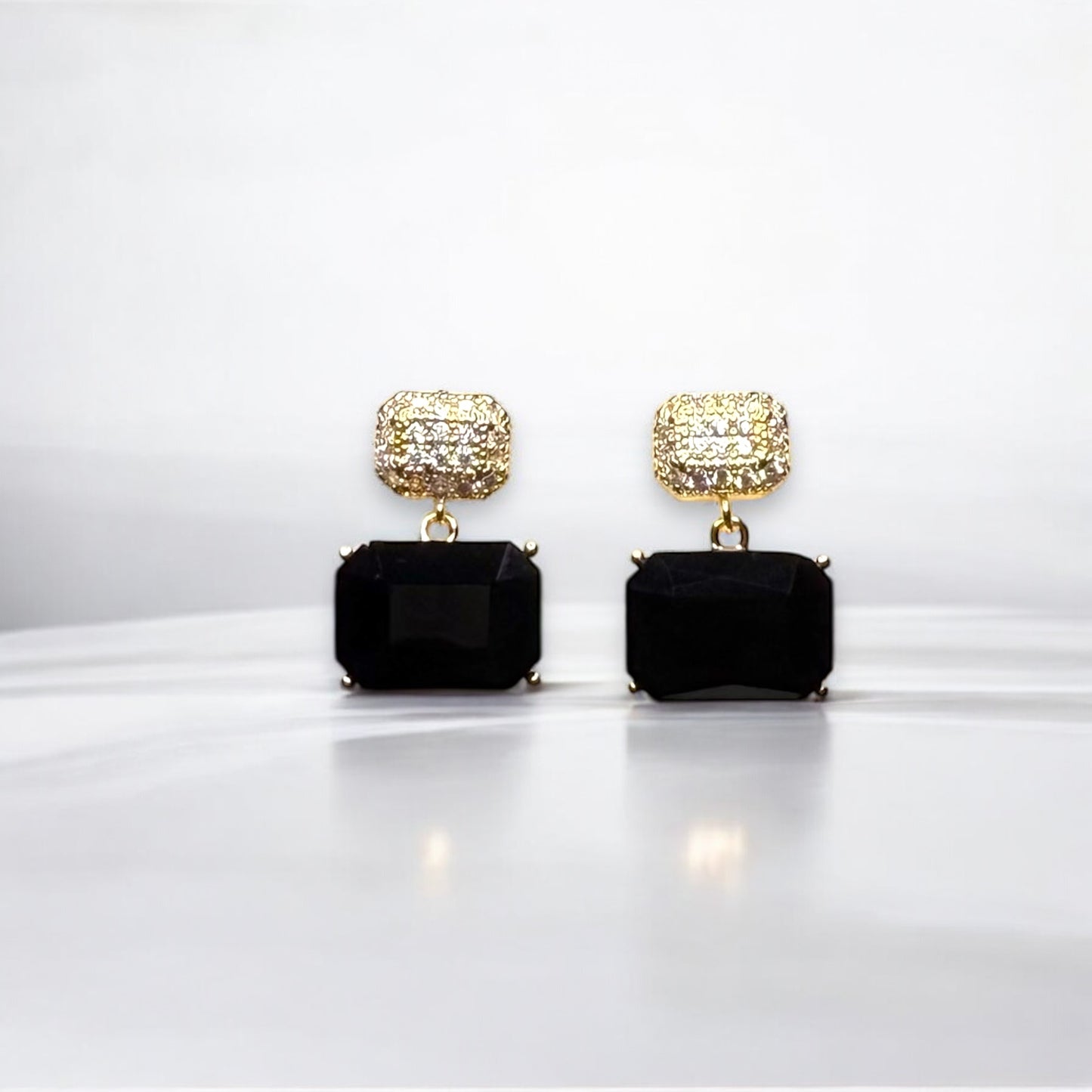 Elegant Black and Gold Crystal Drop Earrings with Rectangle Gemstone Accent