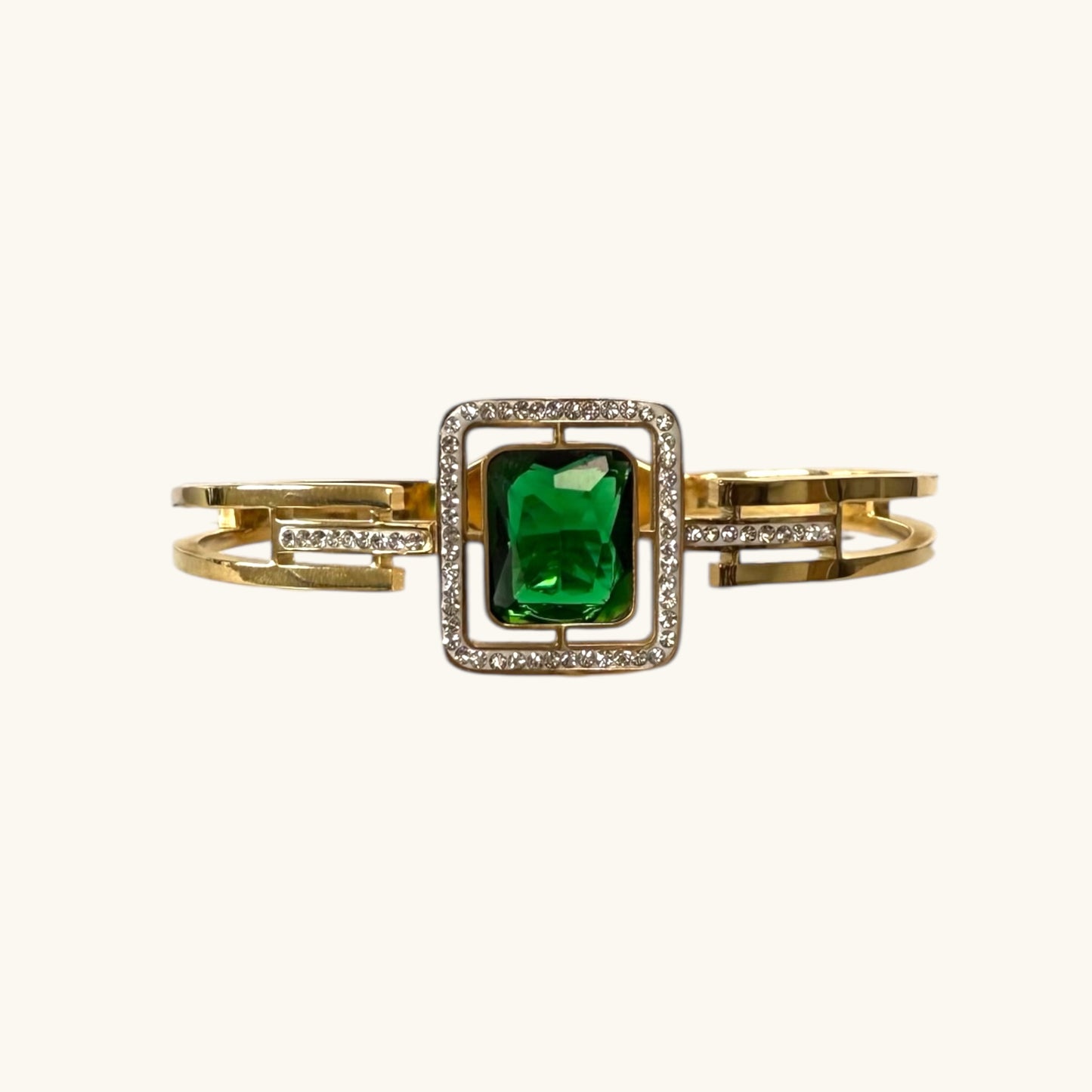 Luxury Gold-Plated Bracelet with Emerald Green Crystal and Sparkling Accent Stones - Elegant Women’s Statement Bangle