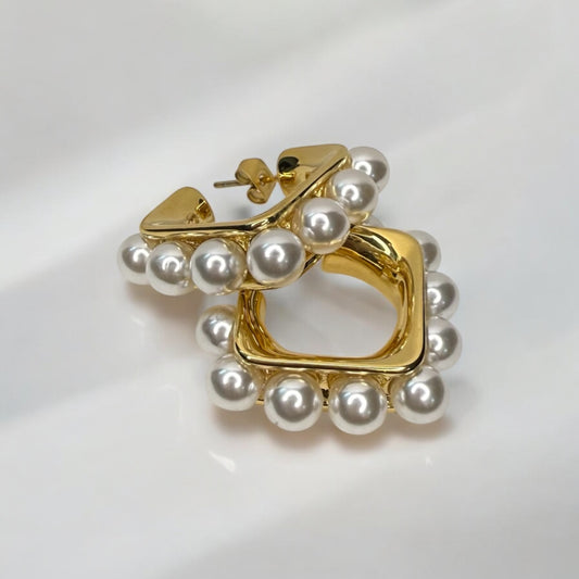 Elegant Gold & Pearl Hoop Earrings - Square-Shaped Hoops with Faux Pearl Accents