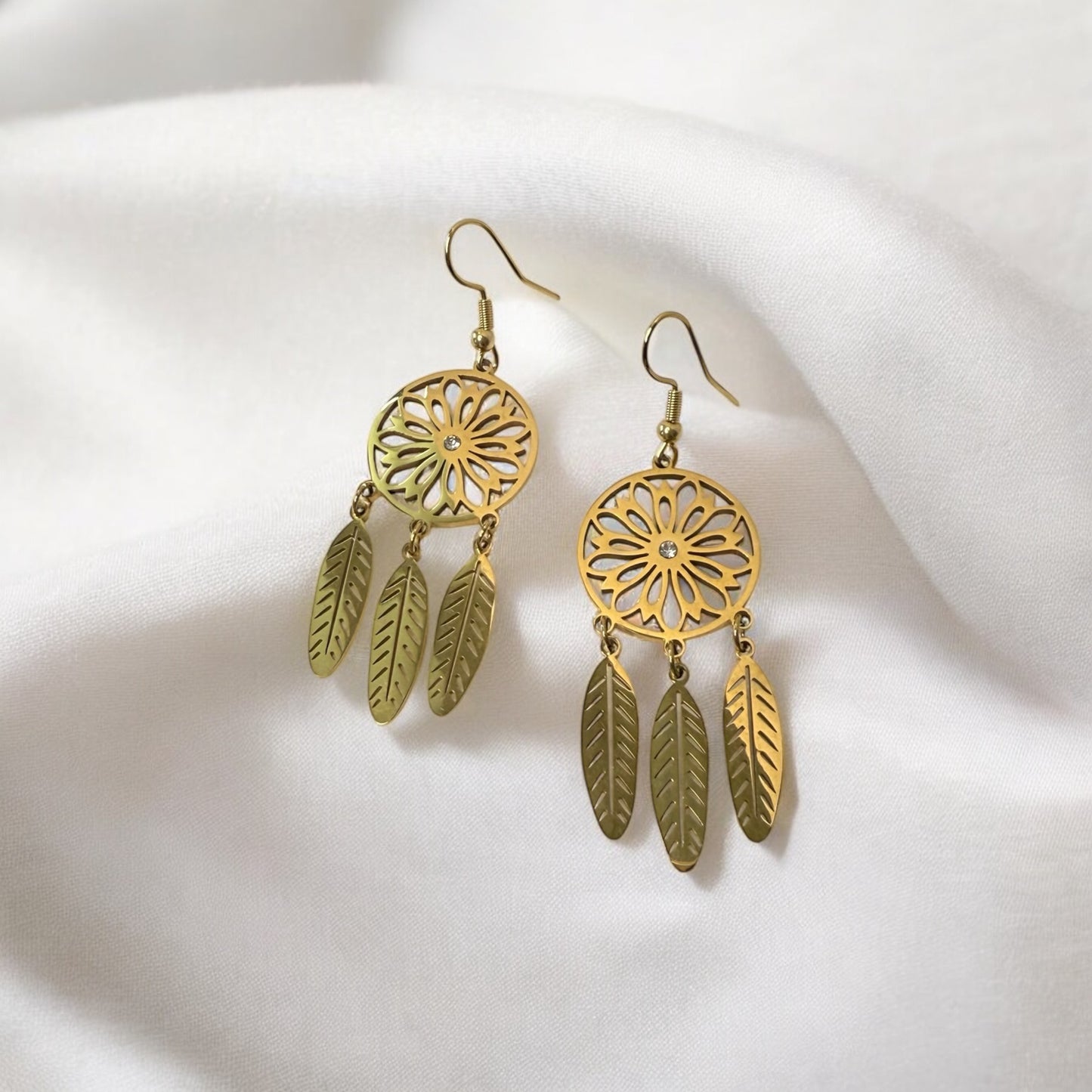 Elegant Gold Dreamcatcher Dangle Earrings with Floral Mandala Design and Feather Charms